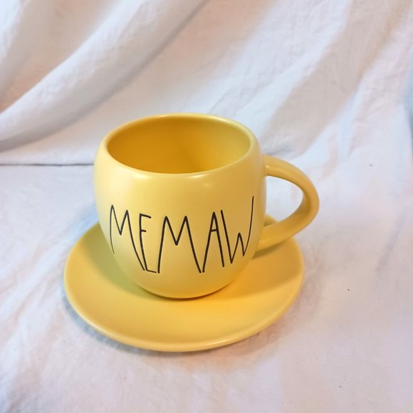 Rae Dunn Memaw Grandma Sunny Yellow Tea Coffee Mug Black Writing Cup and Saucer - Picture 2 of 12